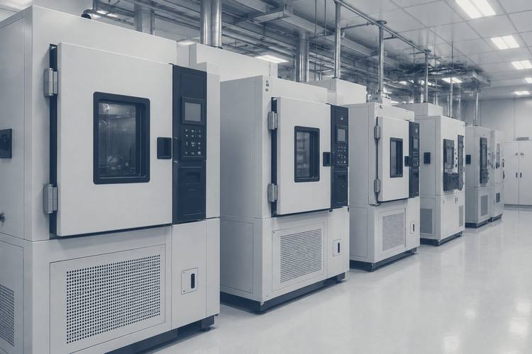 A row of environmental test chambers in a reliability laboratory: heavy insulated doors with observation windows and massive hinges, the room empty.