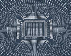 The centre of a probe card: several hundred fine gold needles fanning inward from all four sides and converging on a dense square array of contact pads.